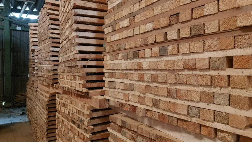 A photograph of stacks of balsa sawn tropical timber in a storage room
