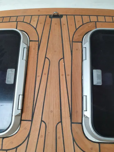 A top down view of a custom teak-deck made with wood from Easterwoods
