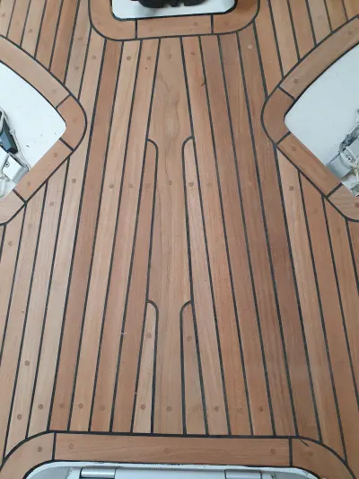 A top down view of a teak deck made with wood from Easterwoods