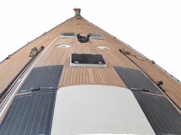 A picture of the front of a yacht with a teak deck with wood from Easterwoods
